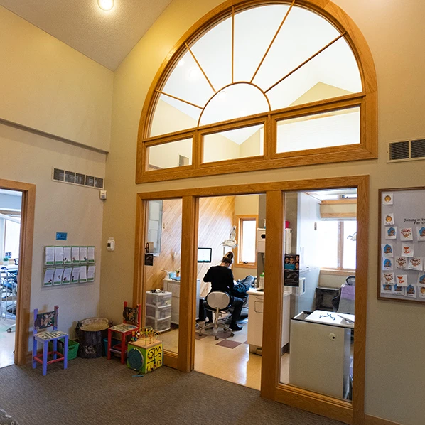 The sunlit entrance and reception area inside Healthy Smile